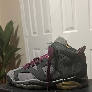 Jordan Gray and Burgundy High-Top Sneakers